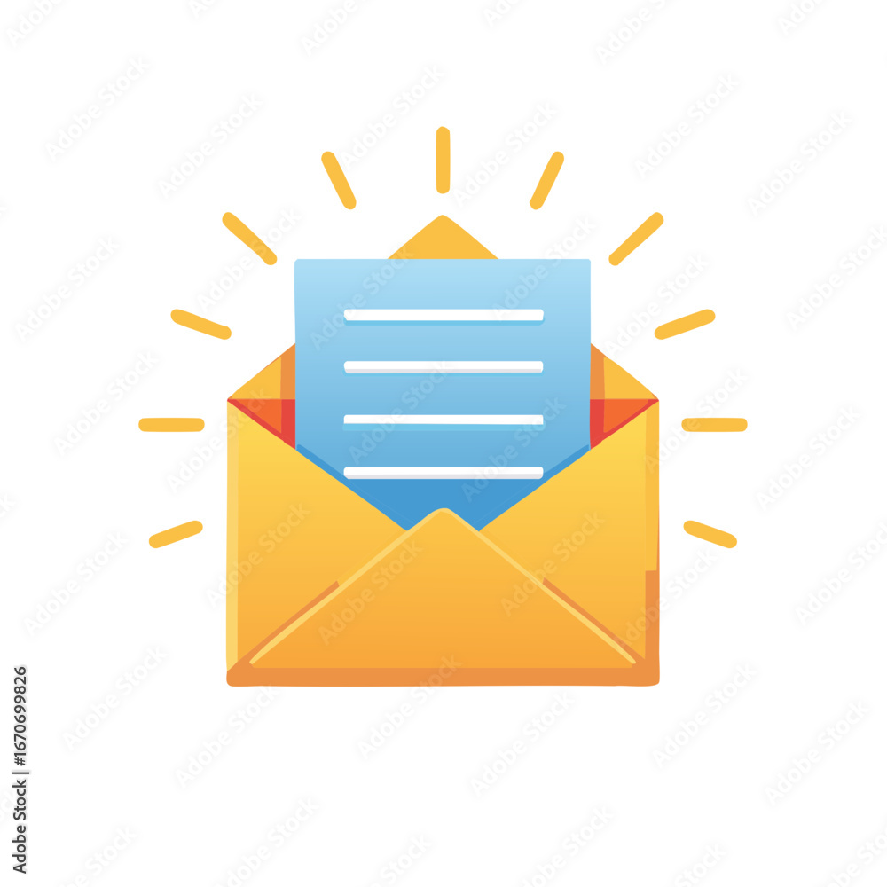 Poster open orange envelope with blue paper and glowing rays, representing communication or a new message