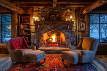 Cozy living room with a fireplace and two chairs