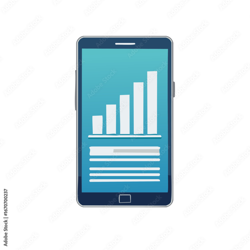 Poster mobile device displaying a bar graph and data, ideal for representing trends, analytics, statistics,
