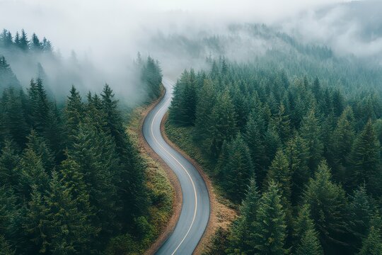 Winding road through a forest with foggy mist in the background