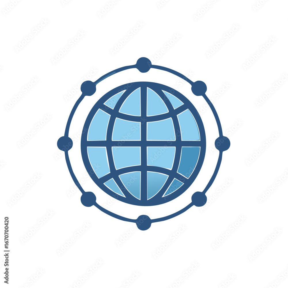 Poster stylized blue globe with connected circles representing global connection and communication