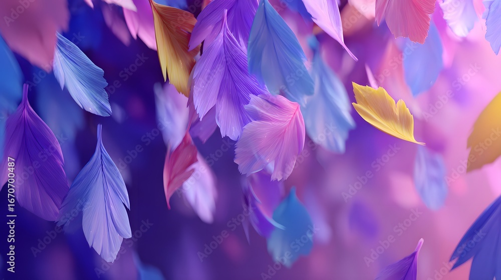 Aufkleber a vibrant display of colorful feathers falling in a soft, ethereal setting.