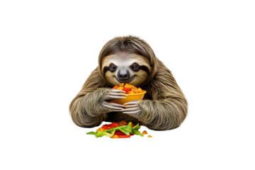 a sloth, eating food, and showing a happy look, this illustration is fun, with a charming style, the background is transparent
