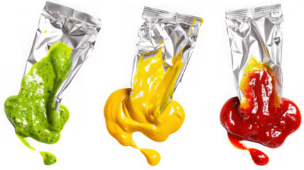 Three foil packets of sauces, green, yellow, and red, squeezed out and dripping, isolated on transparent background