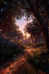 Sunlight breaks through trees, casting a warm glow on a winding path in a lush forest. Ferns and rocks border the trail, enhancing the serene morning ambiance