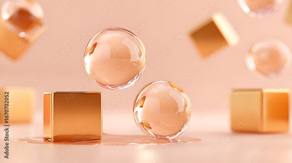 Poster golden cubes and translucent spheres float in a delicate, peach-toned setting, creating a visually a