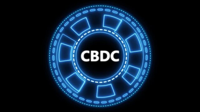 Animated cbdc concept with glowing blue neon circle and futuristic digital design