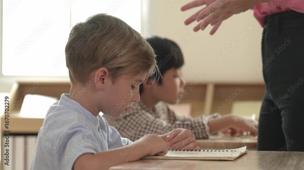 Poster side view of caucasian elementary student looking a note and answer question while sitting in front 