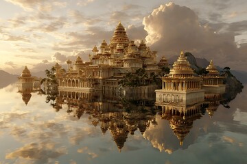 Obraz premium Stunning golden city reflecting in serene waters under a dramatic cloudy sky, evoking peace and luxury