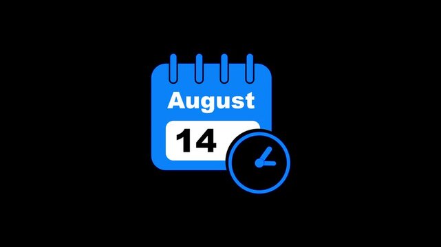 Blue Calendar Icon Showing August 14th With Clock On Black Background date