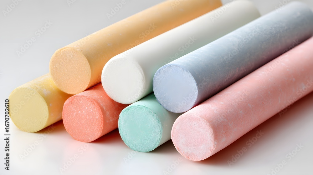 Poster a close-up view of assorted colorful chalks, arranged in a stack, exhibiting a variety of pastel hue