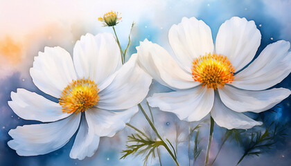 Obraz premium two white flowers with yellow centers set against a soft watercolor background exude natural beauty and tranquility