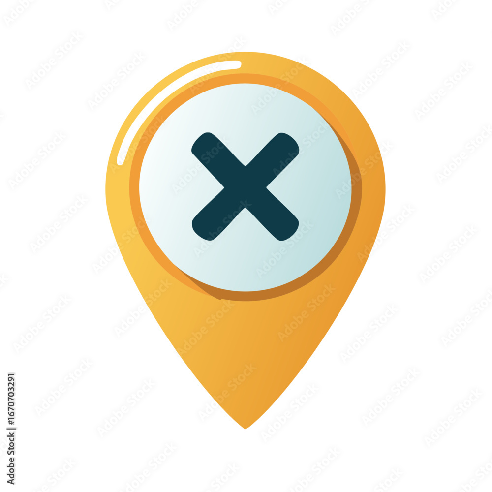 Poster yellow map pointer displaying a crossmark indicating restriction or failure location point marker wi