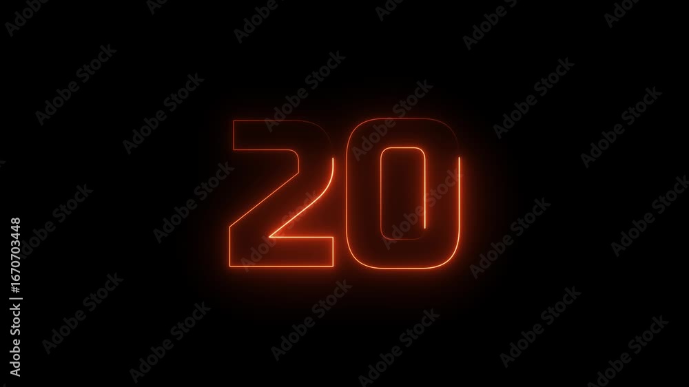 Poster neon text 20 number countdown icon background 4k animation .