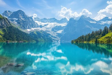 Beautiful mountain lake with a blue sky in the background