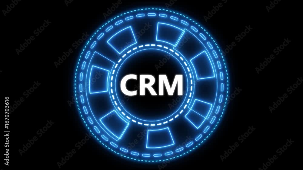 Poster glowing neon circle with crm text on a dark background technology concept