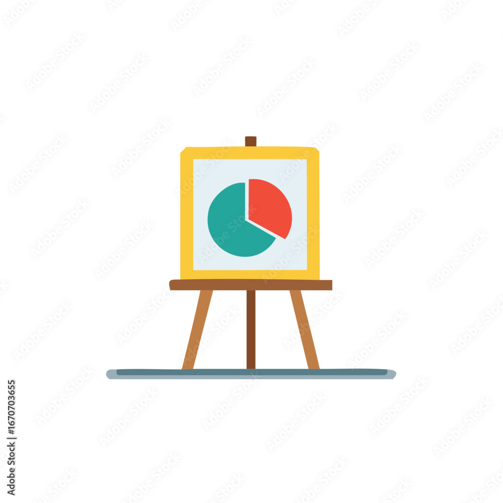 Poster flat design illustration of a presentation easel with a pie chart graph