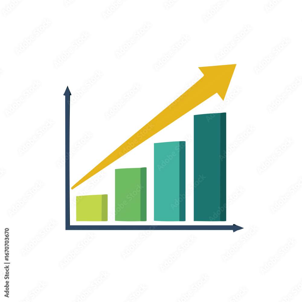 Poster bar graph with arrow showing a positive upward trend for business or finance analytics report