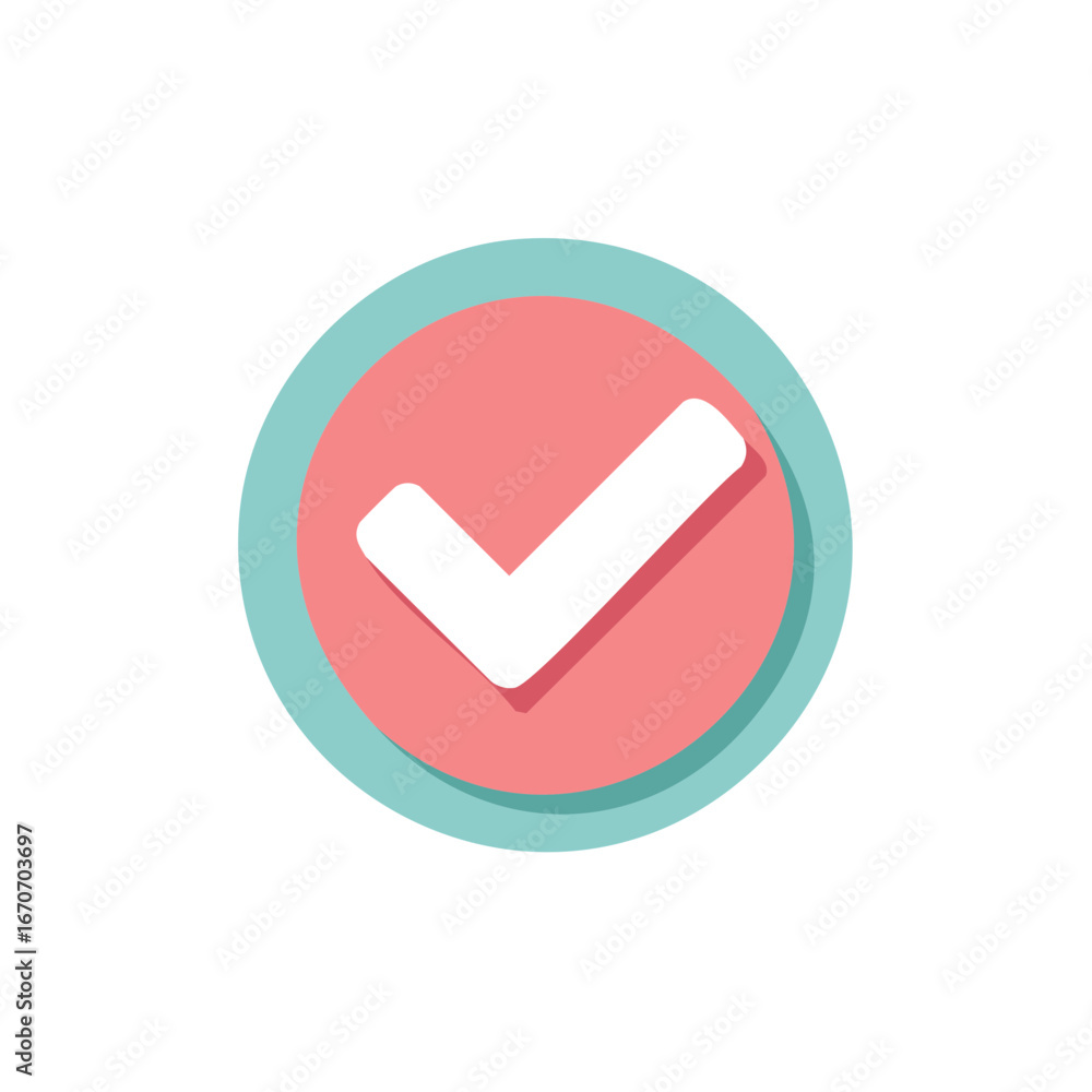 Poster check mark icon in a pink circle with a turquoise border, confirmation or validation symbol