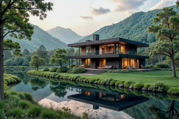 Fototapeta premium Modern house by tranquil river surrounded by lush mountains during golden hour with reflections on water