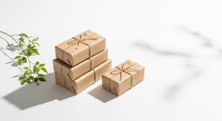 Fototapeta premium Wrapped Gifts Tied With String Presenting Natural Ambiance