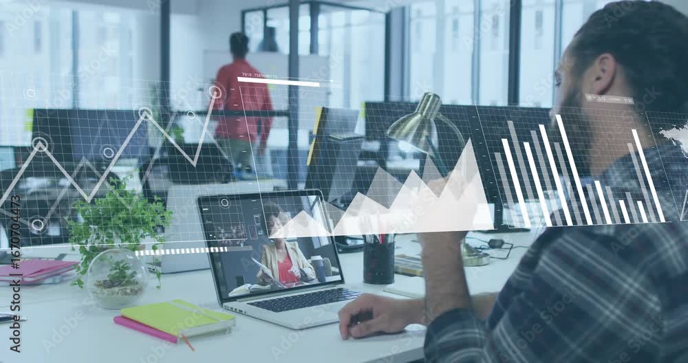 Poster colleague movement initiating floating graphs as man gesturing toward data on remote finance call