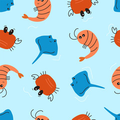 Seamless pattern with marine life, a stingray, crab and shrimp on a blue background. Vector illustration for printing. Cute baby background 