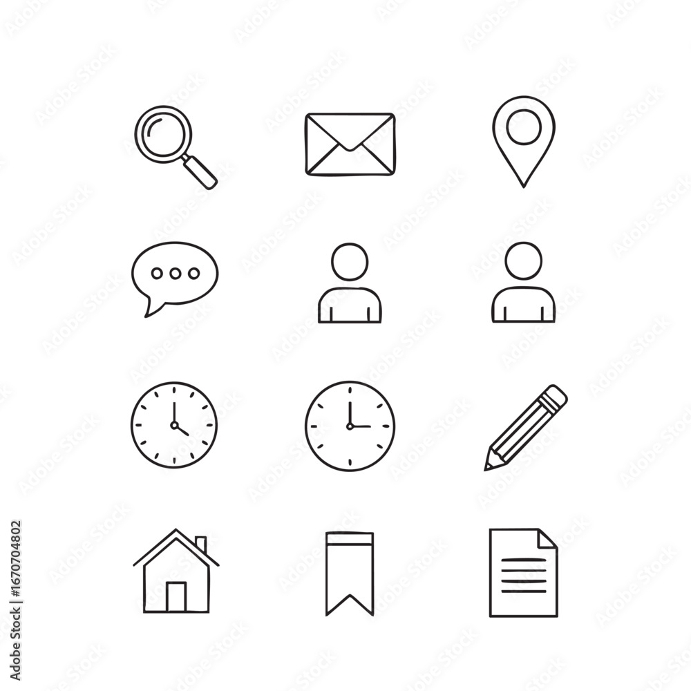 Poster collection of thin line icons for communication and navigation on a white background outline