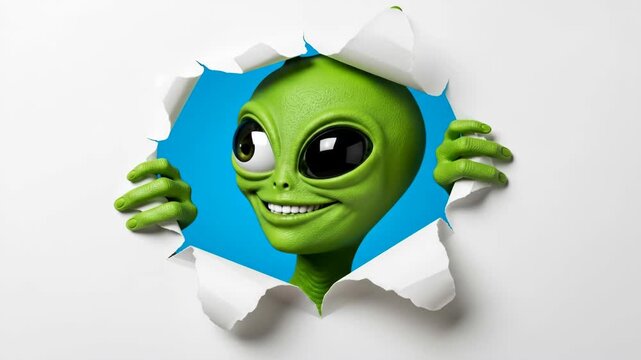 Playful Alien Peeking Through Torn Paper - A cheerful green alien playfully peeks through a hole in a white sheet of paper against a bright blue background.