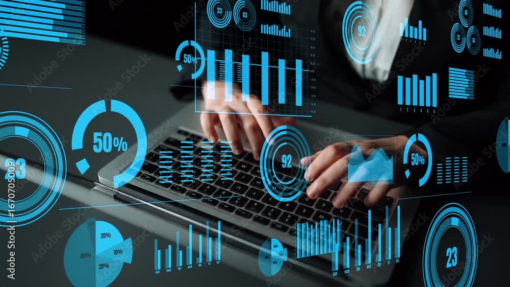 Poster a business professional engaged in data analysis using a laptop, surrounded by futuristic graphs and