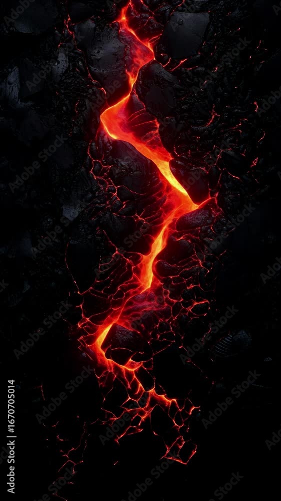 Poster aerial view of glowing lava cracks in dark rock, creating a dramatic, fiery pattern. ideal for a dyn