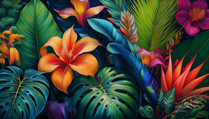 highly detailed botanical illustration featuring various tropical plants in vibrant colors