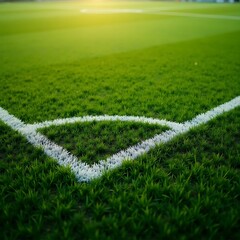A close up view of a freshly painted white corner arc on a vibrant green football pitch under soft natural lighting