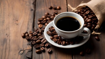 Naklejka premium Close-up of black coffee with glossy roasted beans, rich aroma and bold flavor concept.