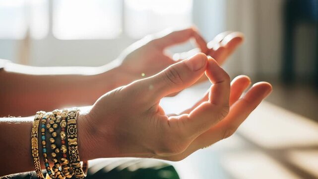 Close up of female hands with beaded bracelets in a peaceful meditation pose