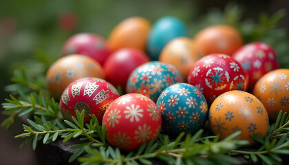 a, group, of, colorful, easter, egg, eggs, holiday, in, basket, grass, macro, new, modern, bohemian, print, flowers, art, design, cute, retro, style, bohemian, celebration, spring, card, design, ad, 1