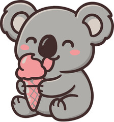 Fototapeta premium Cute cartoon koala eating pink ice cream in a cone animal