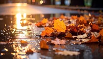Autumn's Embrace Golden Leaves Adorn Wet Pavement, Illuminated by Evening Light and Reflections
