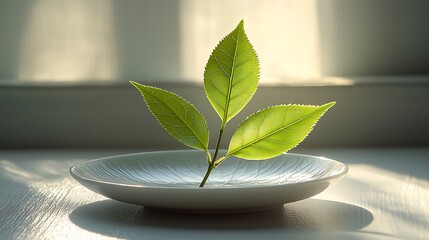 A tranquil photo of vibrant green leaves sprouting from a white plate in soft natural light.