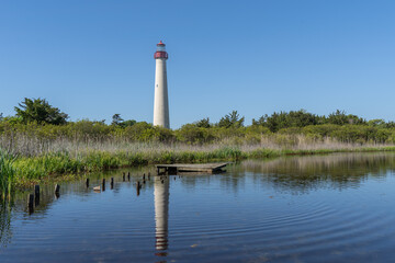 Cape May Lighthouse casting its timeless reflection in tranquil pond waters.