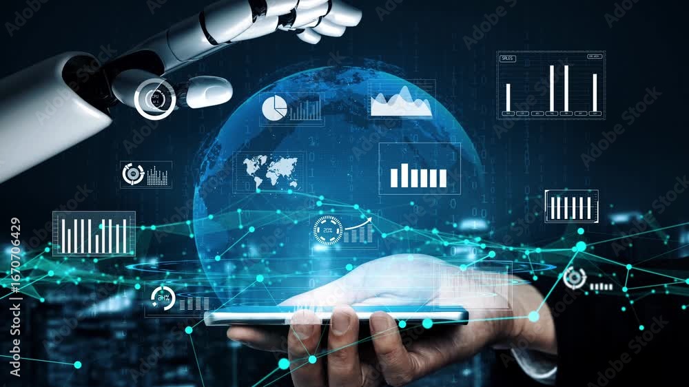 Aufkleber a robotic hand reaches out to interact with a digital globe and financial metrics, symbolizing the f