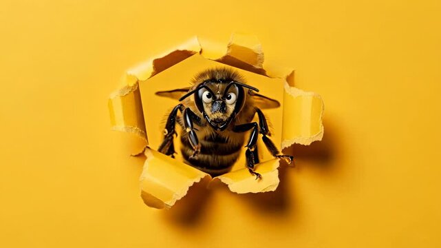 Funny Cartoon Bee Peeking Through Torn Paper - A comical cartoon bee with expressive eyes peeks through a hole in a vibrant yellow paper background.