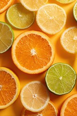 Obraz premium Vibrant Citrus Symphony: A colorful composition of sliced oranges, lemons, and limes. Captured in stunning detail and radiating freshness