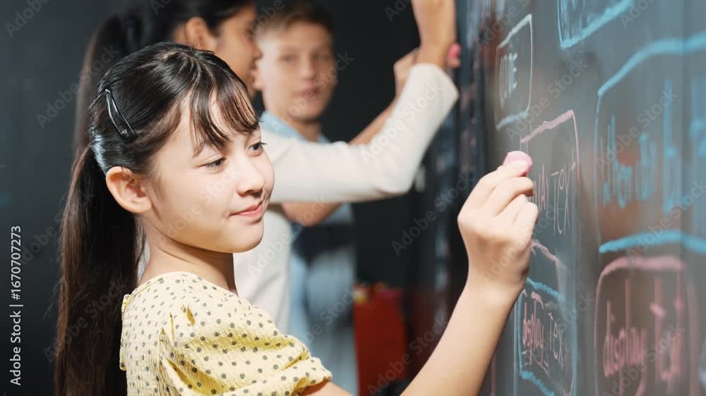 Poster multicultural smart student writing engineering code with site view. diverse children planning creat