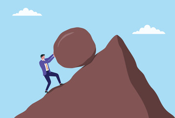 Vector illustration of a businessman pushing a large boulder up a steep mountain, symbolizing hard work, perseverance, struggle, determination, obstacles, and overcoming challenges
