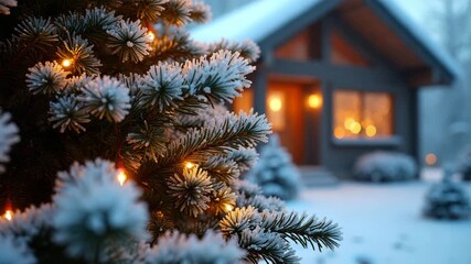 Decorated and frosted Christmas tree creating a cozy mood, representing the holiday season against an illuminated log cabin background - Powered by Adobe