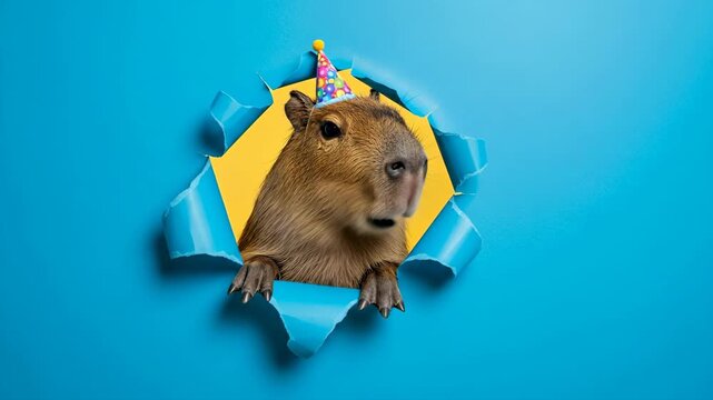 Capybara Birthday Surprise - A capybara wearing a party hat playfully peeks through a hole in bright blue paper against a yellow background.