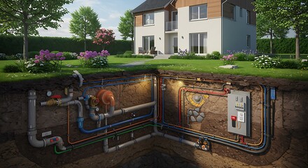 Modern home utilities system diagram showing underground pipes and electrical panel with lush garden above