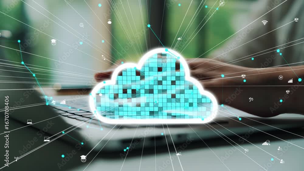 Poster conceptual image illustrating cloud computing with data transfer from a laptop, showcasing user inte