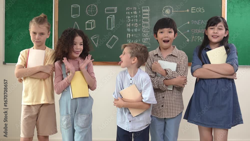 Aufkleber multicultural elementary student in casual cloth looking at camera while standing at classroom. grou